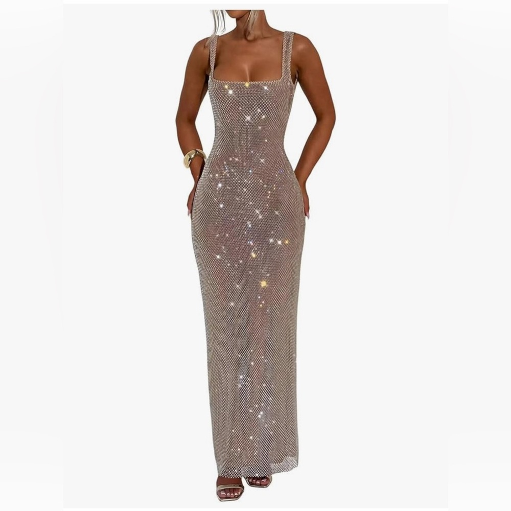 Elegant Sparkly Sequin Evening Gown Maxi Dress - Gold Size Small NWT